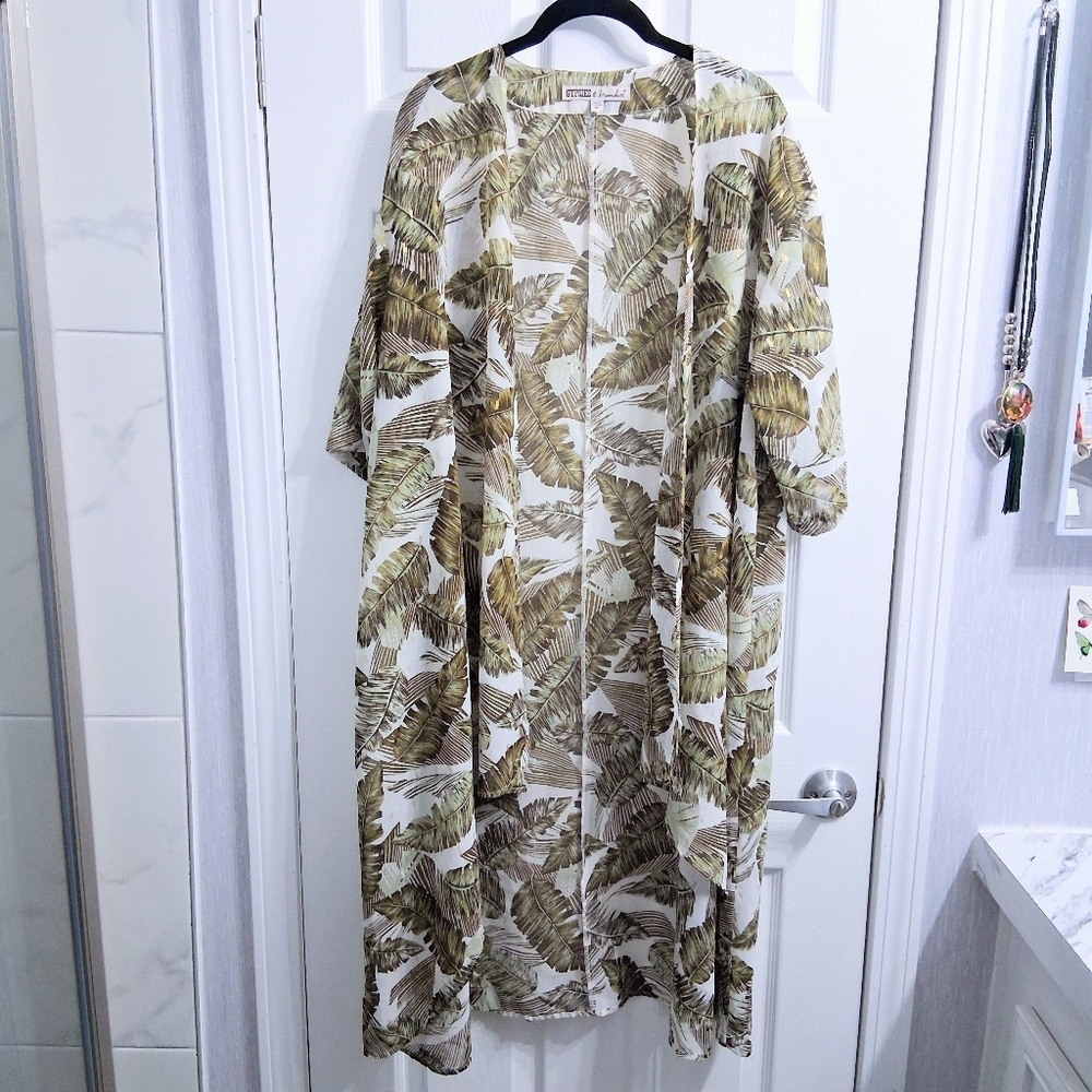 Kimono Duster Tropical Print Botanical Palm Leaves Long Length Gypsy Moondust